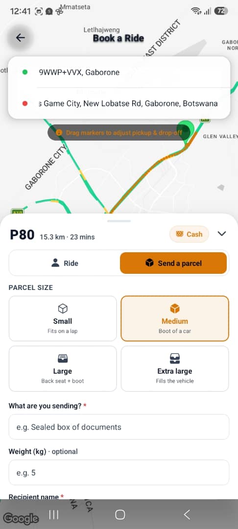GoFleet Send a Parcel mobile app screen